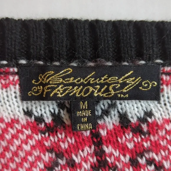 Absolutely Famous Button Up Acrylic Cardigan Christmas Sweater MEDIUM Black Red - Picture 3 of 16